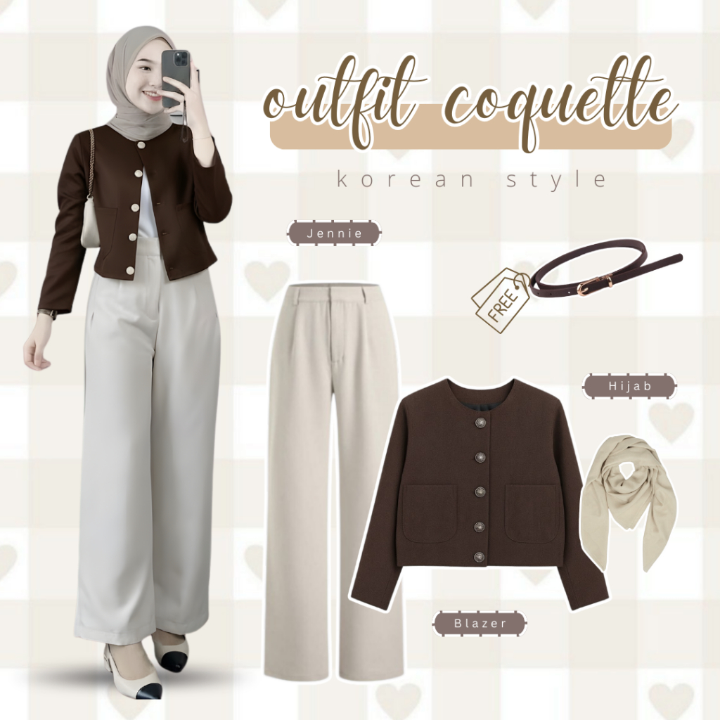 One Set College Work Gemma Blazer Jennie Knit Hijab Bella Square Belt Korean Style Fashion - KA208