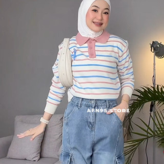 Kana Maudy Polo Sweater Lucu Knit Wanita Garis Korean Style
