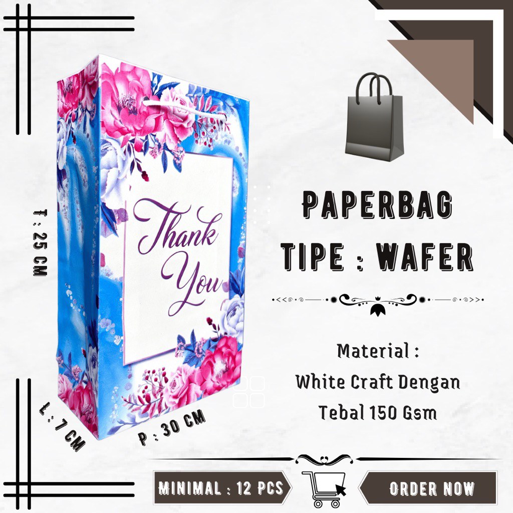 ถุงกระดาษหนา ขนาดเวเฟอร์หรูหรา ขอบคุณ (L15 X H25 x W7)