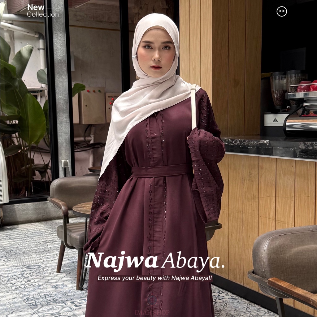 Imah Shop สีดํา Abaya ตุรกี Najwa Gamis Syari Muslimah Jetblack วัสดุ