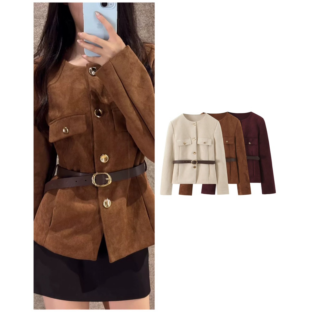 Maji.fashion Khaki/Maroon/Beige Round Neck Faux Suede Belted Blazer