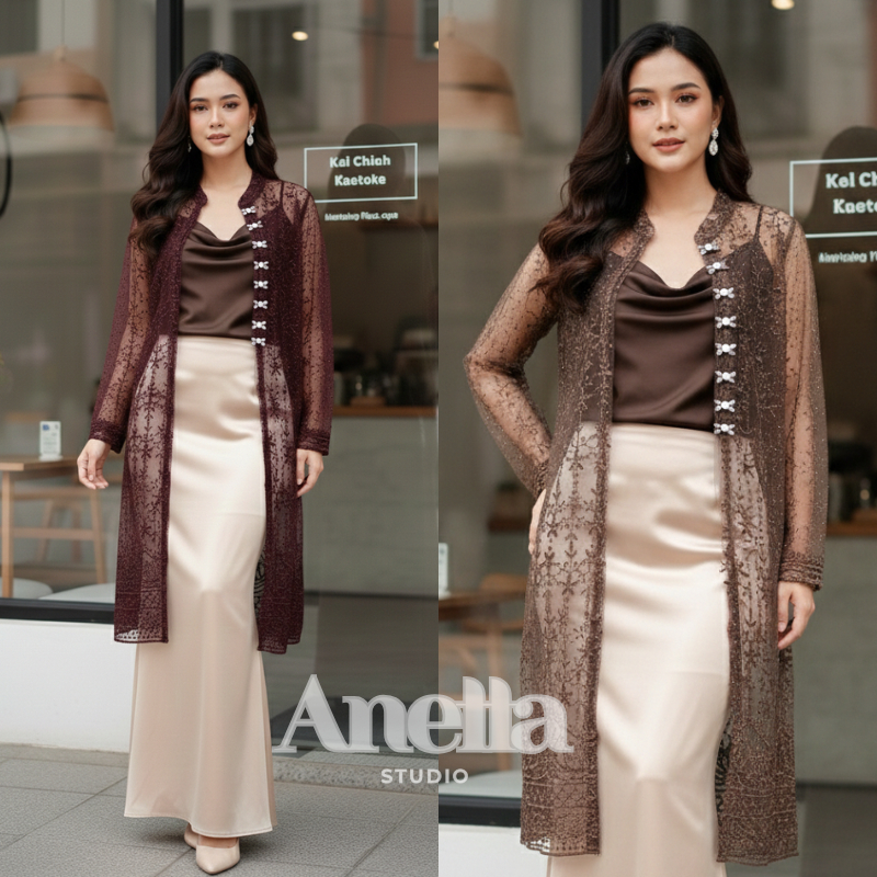 Anetta Studio - Kavita Luxury Full Sequin Outer Dress for Nursing - ล่าสุด Eid Dress Vest Mahogany B