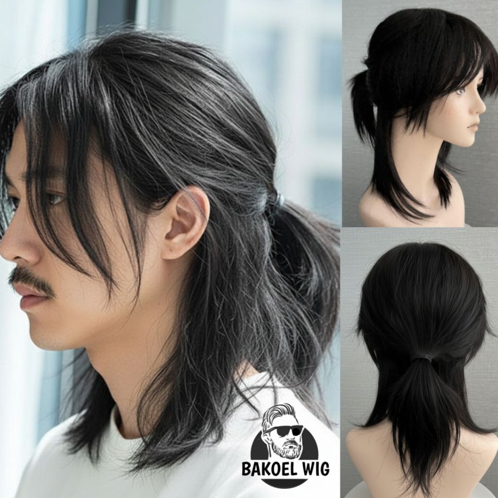 KOREAN MENS WIG LONG HAIR สไตล์ MULLET GENJI TAKUYA STYLE รหัส A7 หางม้าสําหรับผู้ใหญ่