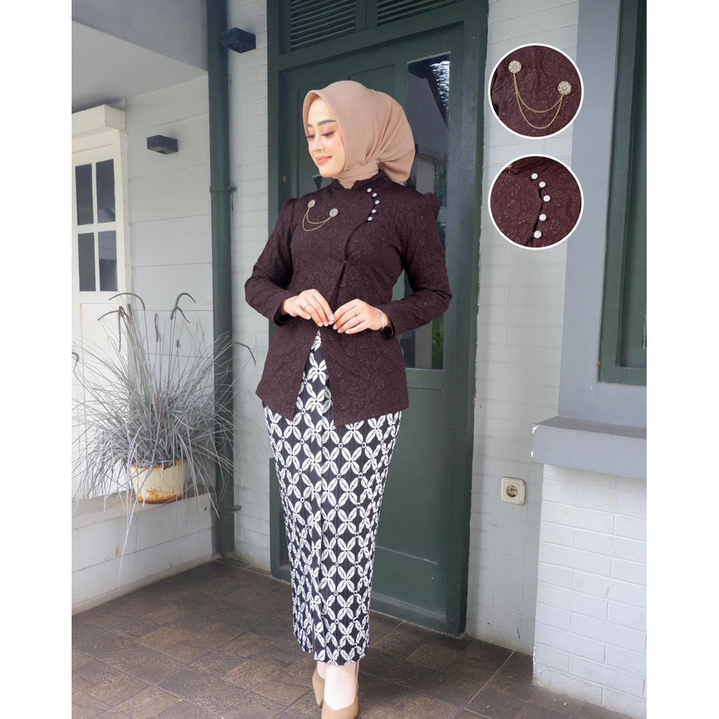 (แถมเข็มกลัด) familoano jacquard แขนยาว kebaya / kebaya ที่สําเร็จการศึกษาทันสมัย / kebaya แขนยาวผู้