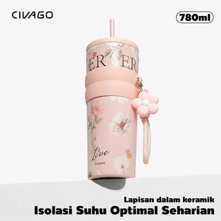 CIVAGO   (26oz/780ml)   Tumbler Kopi Stainless Steel dengan Lapisan Keramik, Tutup, dan Vacuum Flask Tumbler Seri Floral
