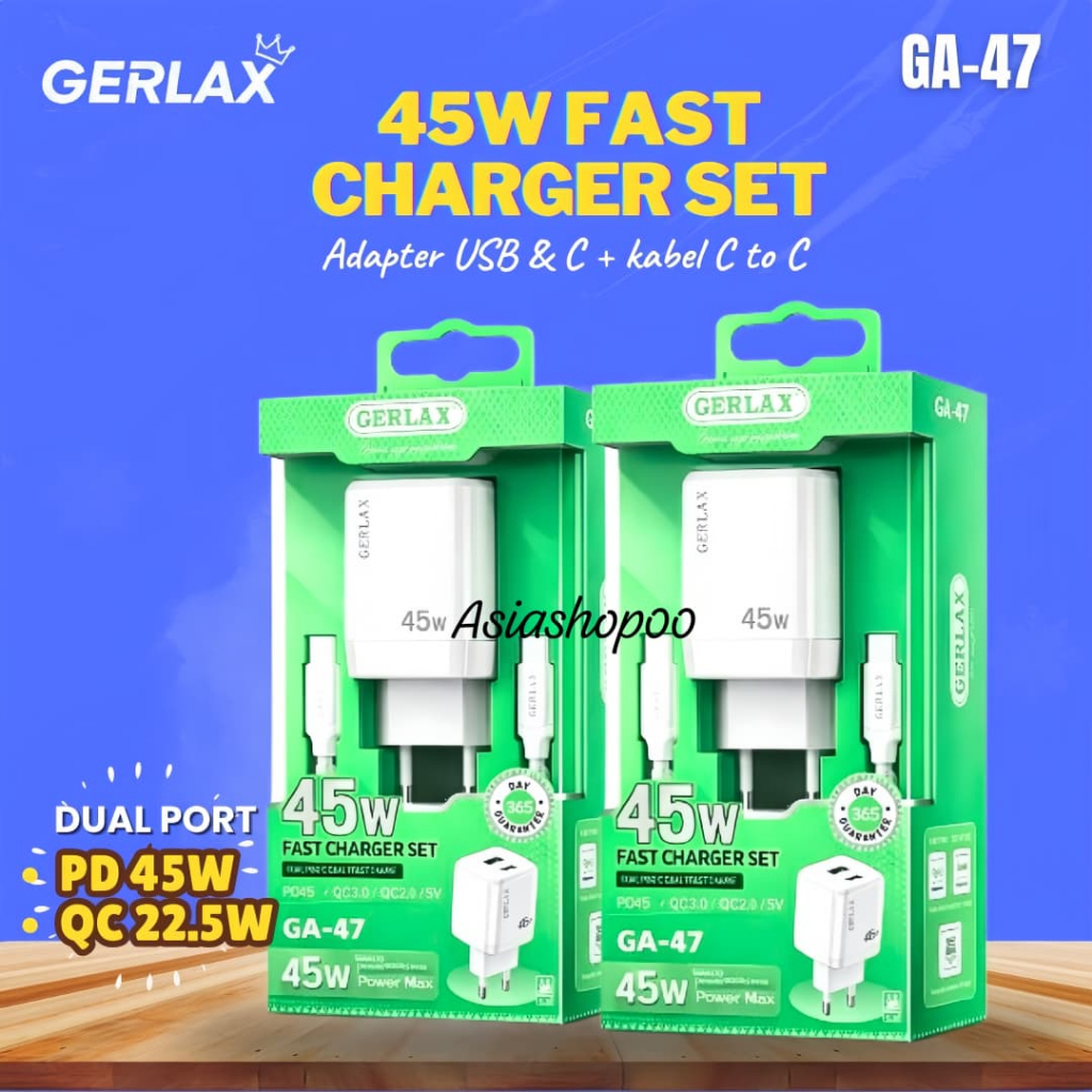 GERLAX GA-47 Charger Dual Port USB-C 45W USB-A 22.5W Fast Charging ฟรีสาย C ถึง C 66W