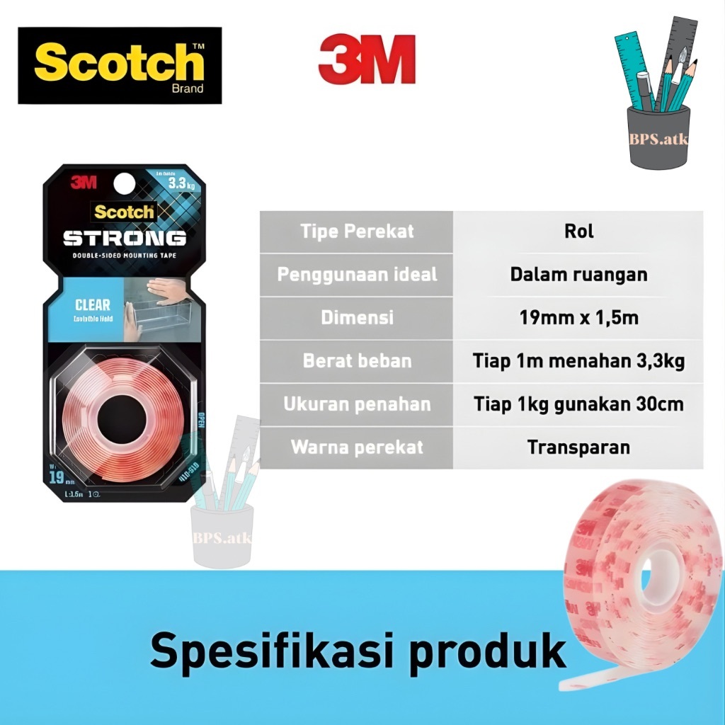 3M Scotch Clear Double Tape Mounting 19mmx1.5m Load Resistance 3.3kg Transparent Original