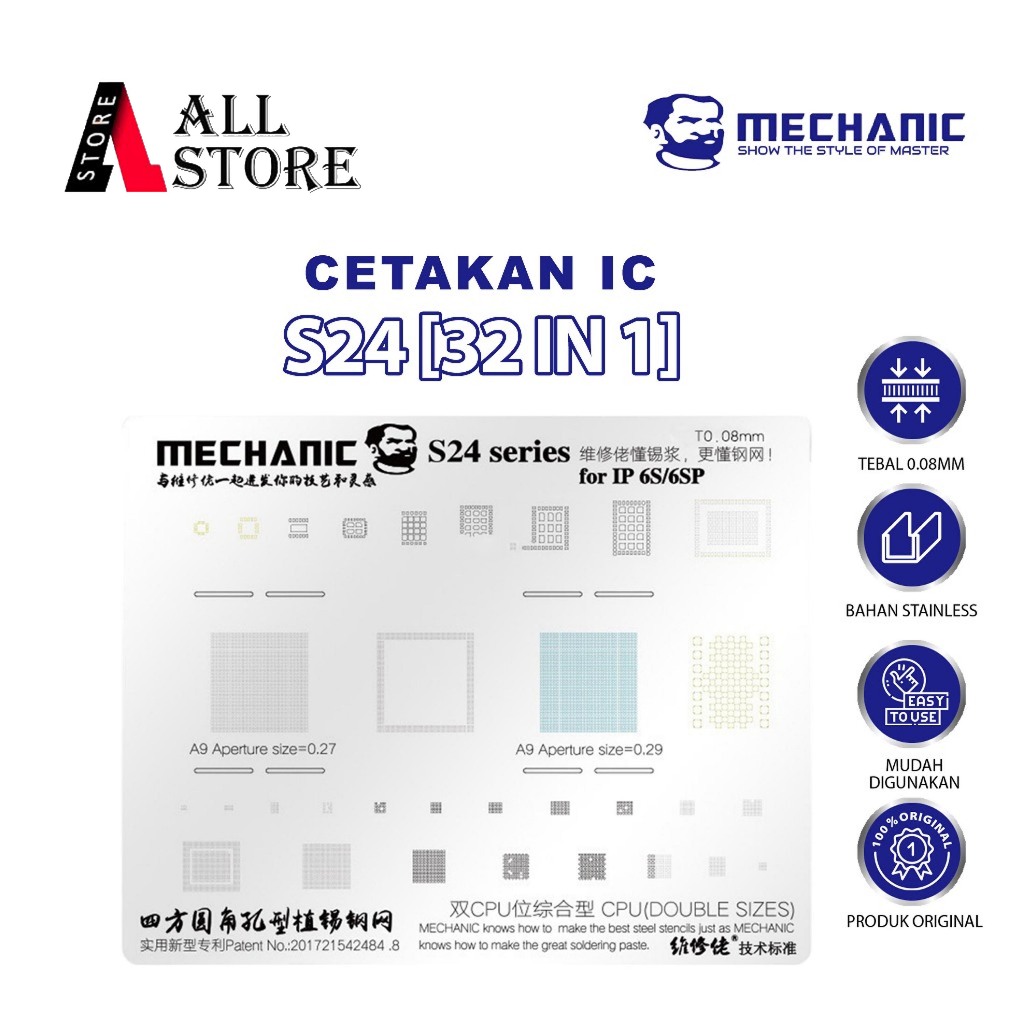 ไอซี MOLD IPHONE MECHANIC S24 0.08MM 32IN1 ORIGINAL - IC STENCIL MECHANIC S24 0.08MM IPHONE 6S 6SP O