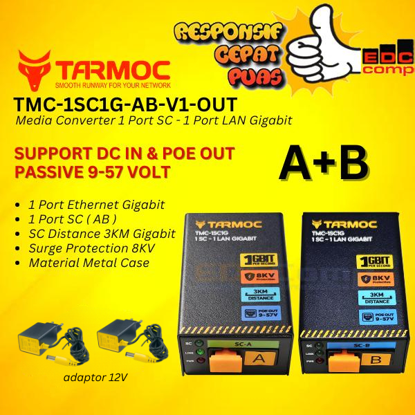 Tarmoc TMC-1SC1G-P-V1-OUT | Media Converter 1FO 1LAN / 1 FO 1 LAN Gigabit POE OUT 9-57 โวลต์ | HTB G