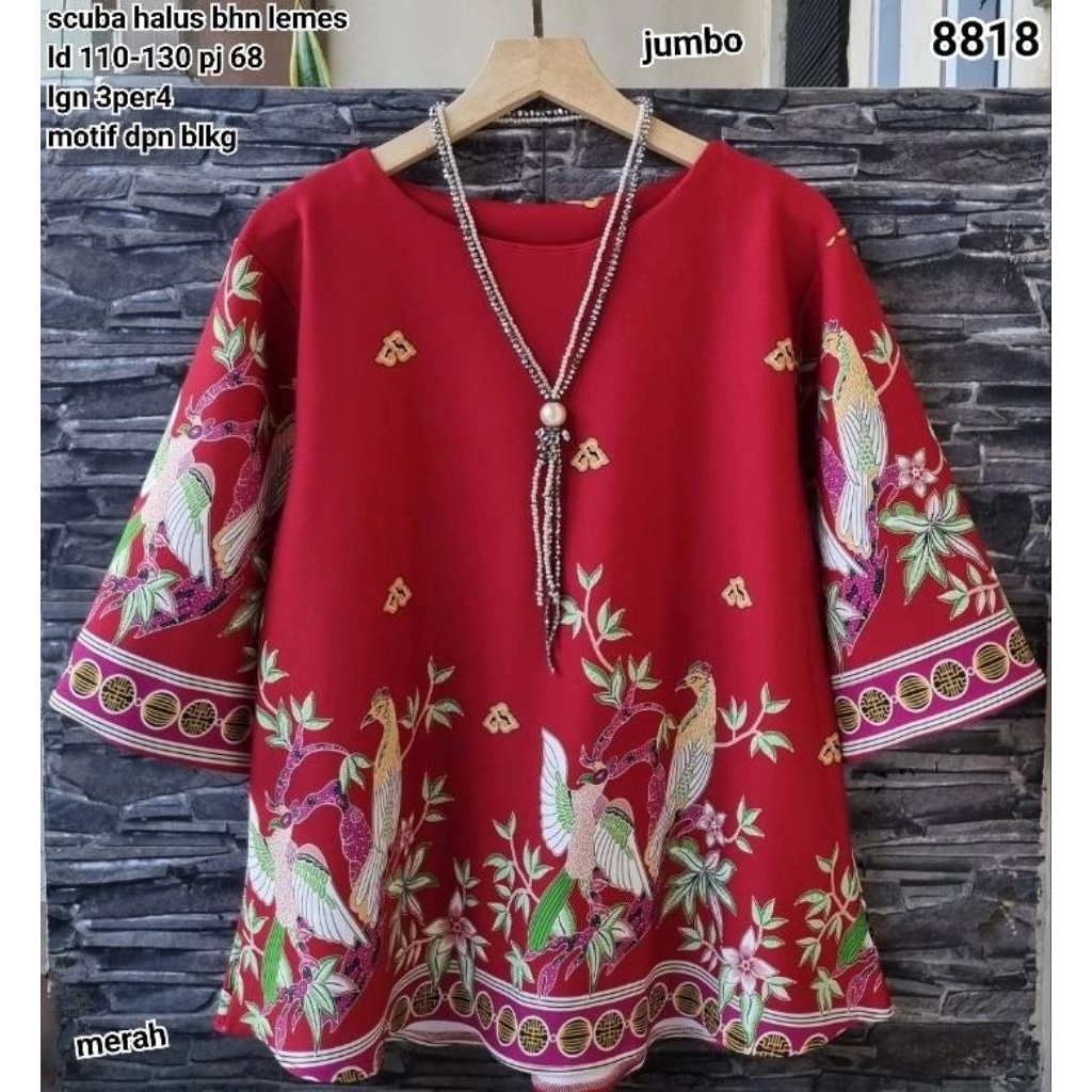 MERAH 8818 เสื้อเบลาส์ลายดอกไม้จัมโบ้สีแดง