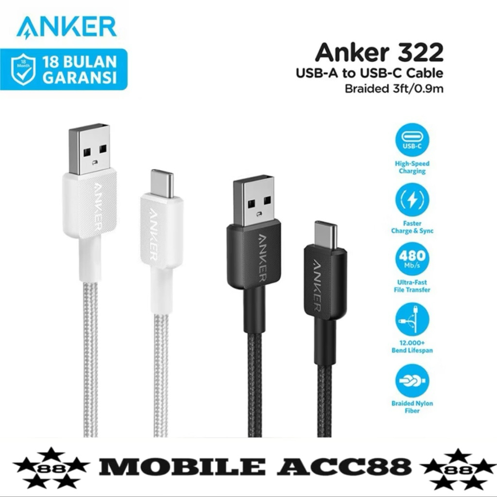 Anker 322 สายเคเบิลข้อมูล USB-A ถึง USB-C 3ft 0.9m Braided - A81H5