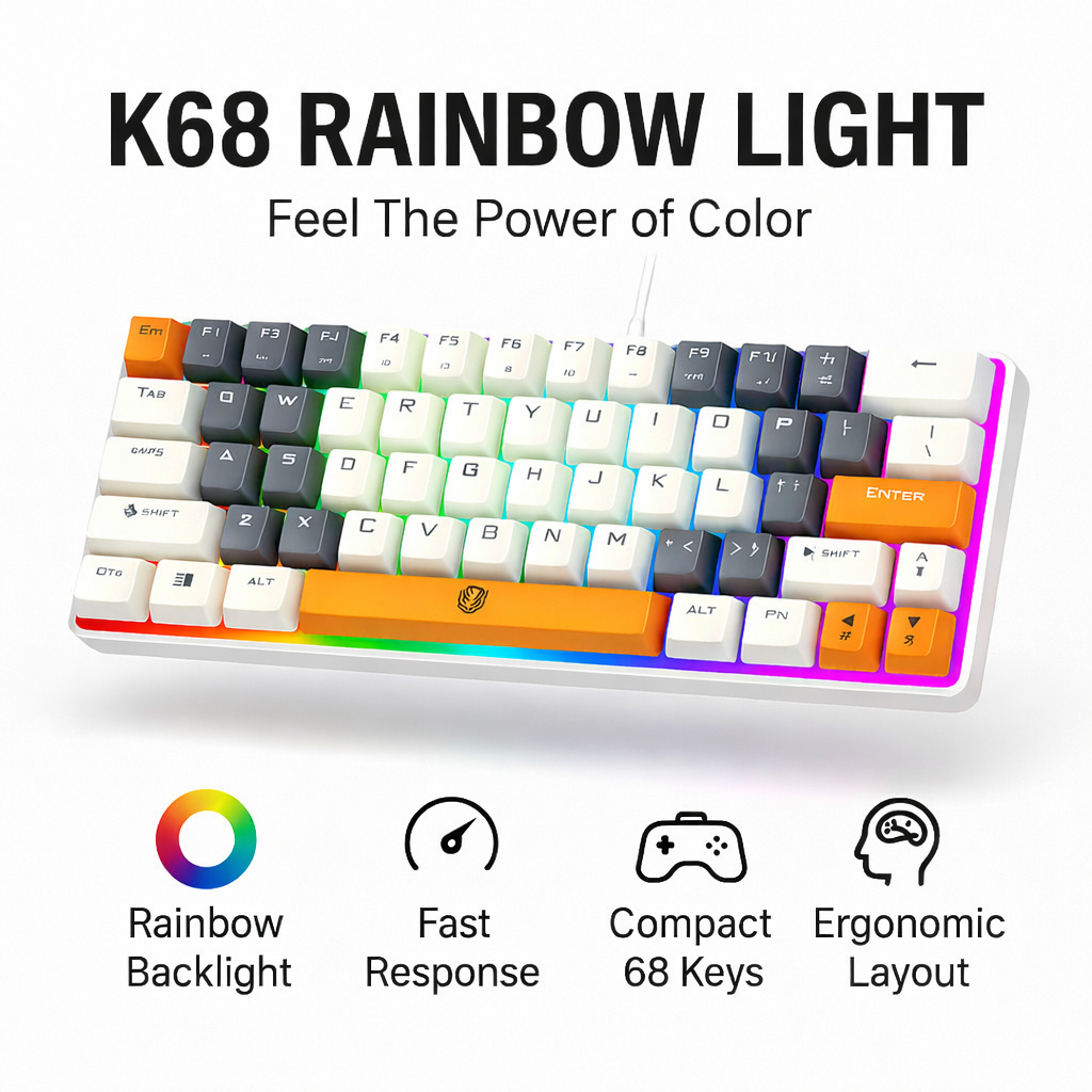 RAIKA K68 RGB 68 คีย์ขนาดกะทัดรัด USB คีย์บอร์ดสําหรับแล็ปท็อปพีซีตอบสนองสบาย