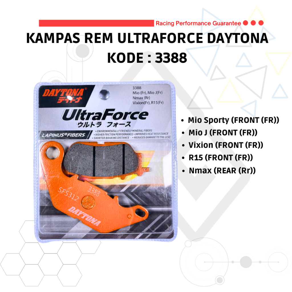 DAYTONA Ultra Force Lapinus Fibers 3388 ผ้าเบรคหน้าสําหรับ Mio Sporty / Mio J / Mio Soul / Vixion / 