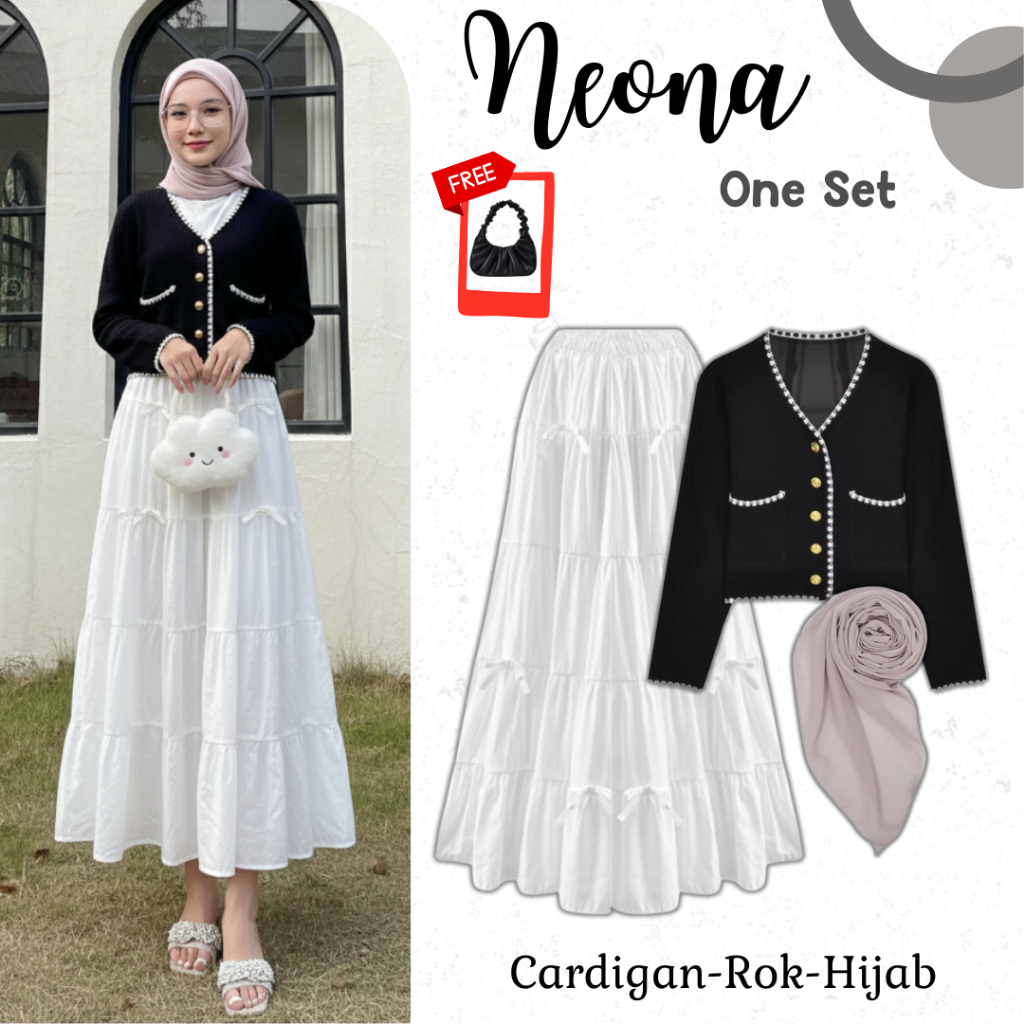 Neona Set ชุดฮิญาบ สไตล์เกาหลี (Cardigan, กระโปรงชั้นริบบิ้น, Bella Square) อินเทรนด์ OOTD - KA124