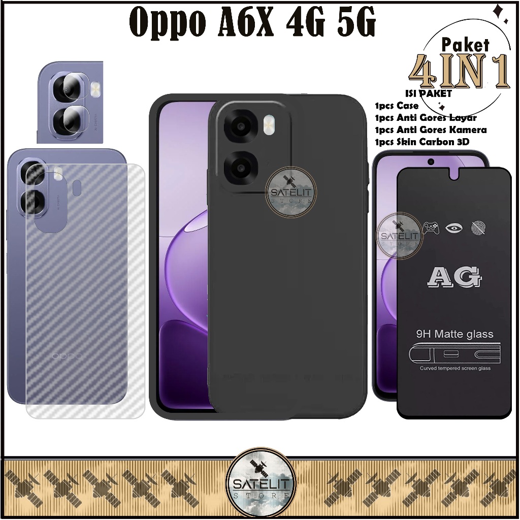 แพ็คเกจเคสกระจกนิรภัย 4-in-1 AG Matte Oppo A6X 4G 5G Softcase Liquid Black