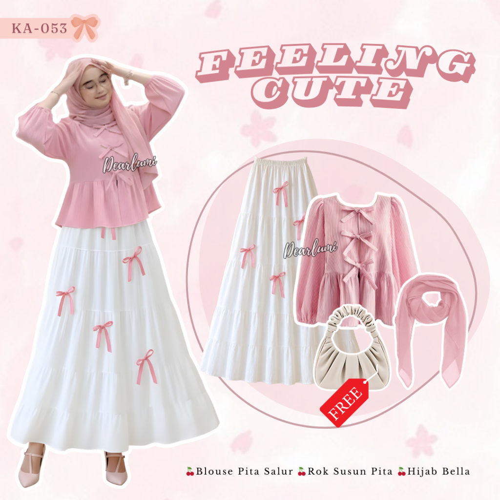 3in1 Eid ชุดฮิญาบ (Bella Square Hijab + เสื้อริบบิ้นลายทาง + กระโปรงชั้นริบบิ้น) ชุด Pupulier วัยรุ่