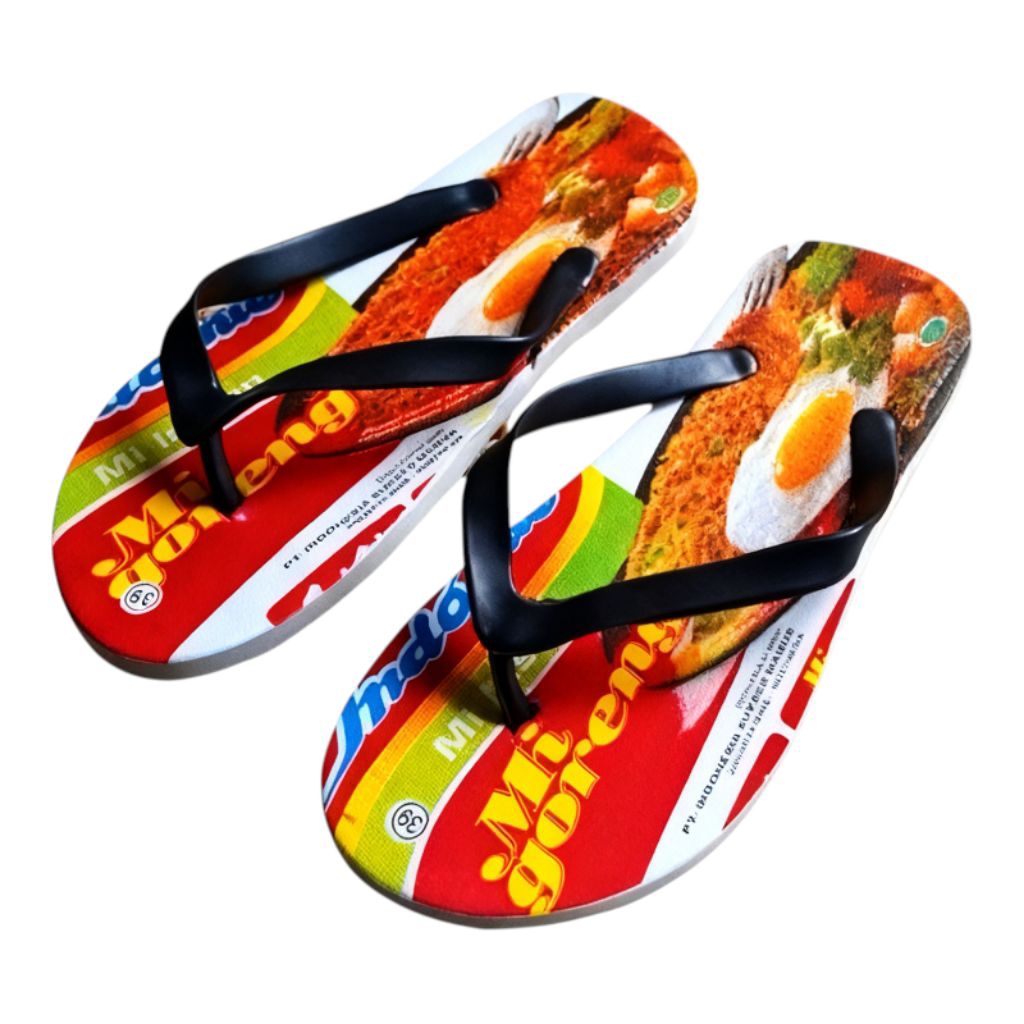 รองเท้าแตะ viral รุ่นล่าสุดพร้อมการพิมพ์สกรีน Indomie motif, เรือดับเพลิง Torabika mplus mplus