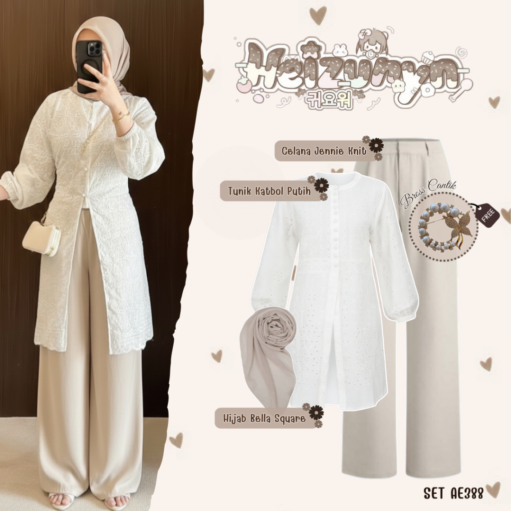 Sharenaoutfit - 3 IN 1 Womens Hijab Teenage Outfit (Cotton + กางเกงถัก Jennie + Bella Hijab) ชุด Eid