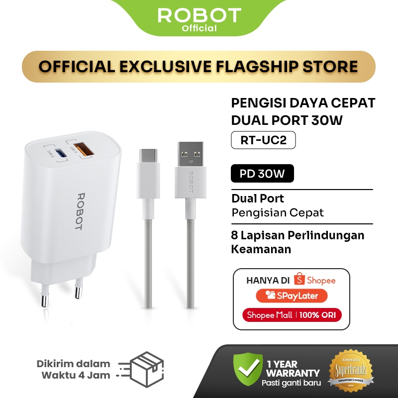Robot RT-UC2 Smart Fast Charging 30W Dual Port PD USB-C USB-A 8 Original Security Protection รับประก