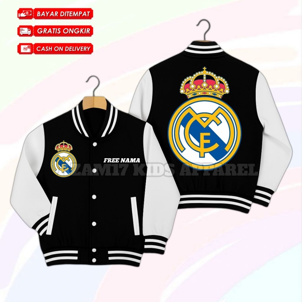Real Madrid FC Kids Varsity Baseball Jacket ชื่อฟรี / เสื้อแจ็คเก็ตเบสบอล Kids Varsity Jacket Real M