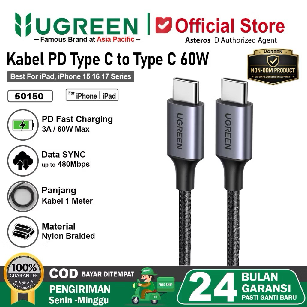UGREEN USB Type C to Type C Nylon Braided PD Fast Charging Data Cable 100W Max 5A 1 เมตร 2 เมตร