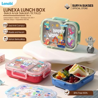 [ Lunexa Lunch box ] | LENOBI | Kotak Makan 3 Sekat + Stainless SUS 304 + Sendok Garpu + Kapasitas 600 ML | Bekal Anak Sekolah TK PAUD