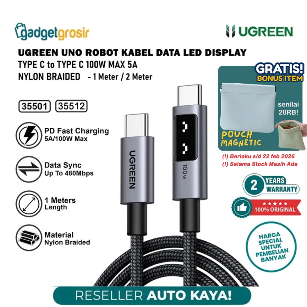 UGREEN UNO Robot Data Charger Cable Type C to Type C 100W Max 5A 1 เมตร/2 เมตรพร้อมจอแสดงผล LED PD F