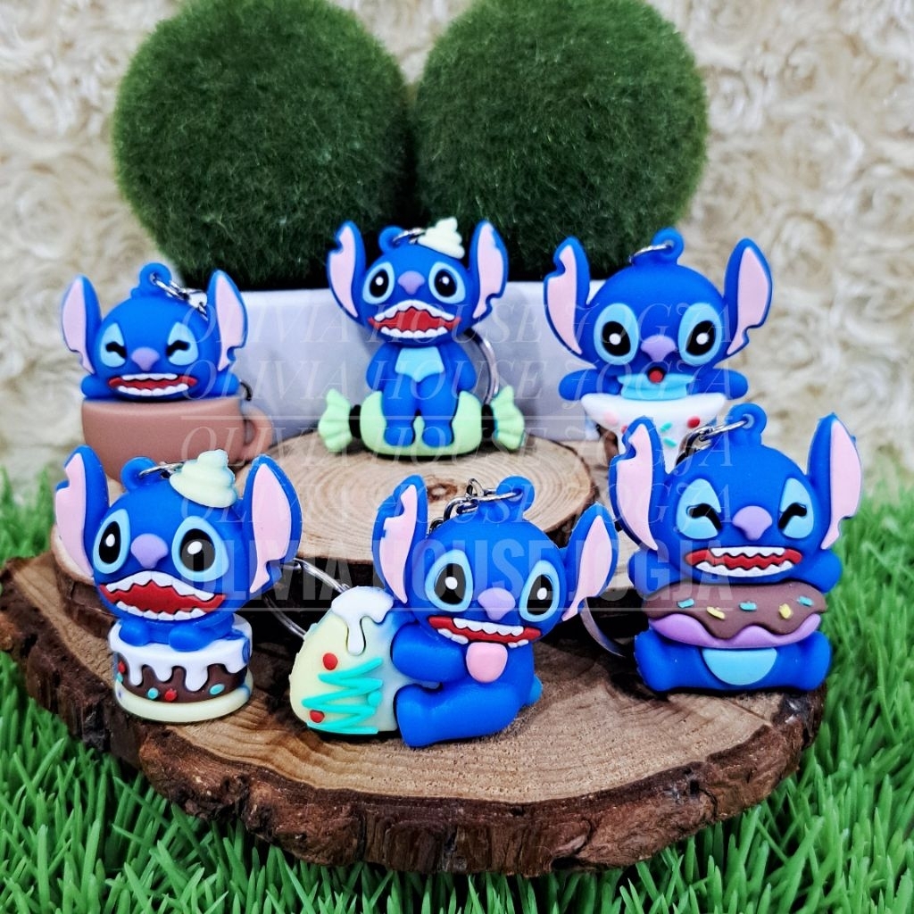 GANTUNGAN Stitch พวงกุญแจชุดอาหารและเครื่องดื่ม Stitch 3 ชิ้นพวงกุญแจผสม Stitch