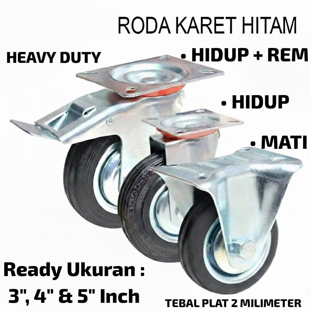 ! HEAVY DUTY RUBBER TROLLEY WHEELS 3"-4"-5" OFF BRAKES - ยาง TROLLEY CART - DISPLAY RUBBER WHEELS