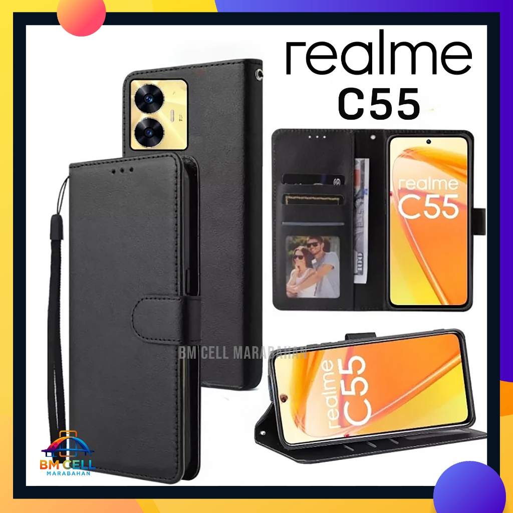 Realme C55 Premium Leather Flip Cover Wallet Case Softcase Full Protection Magnetic Money Card Slot 