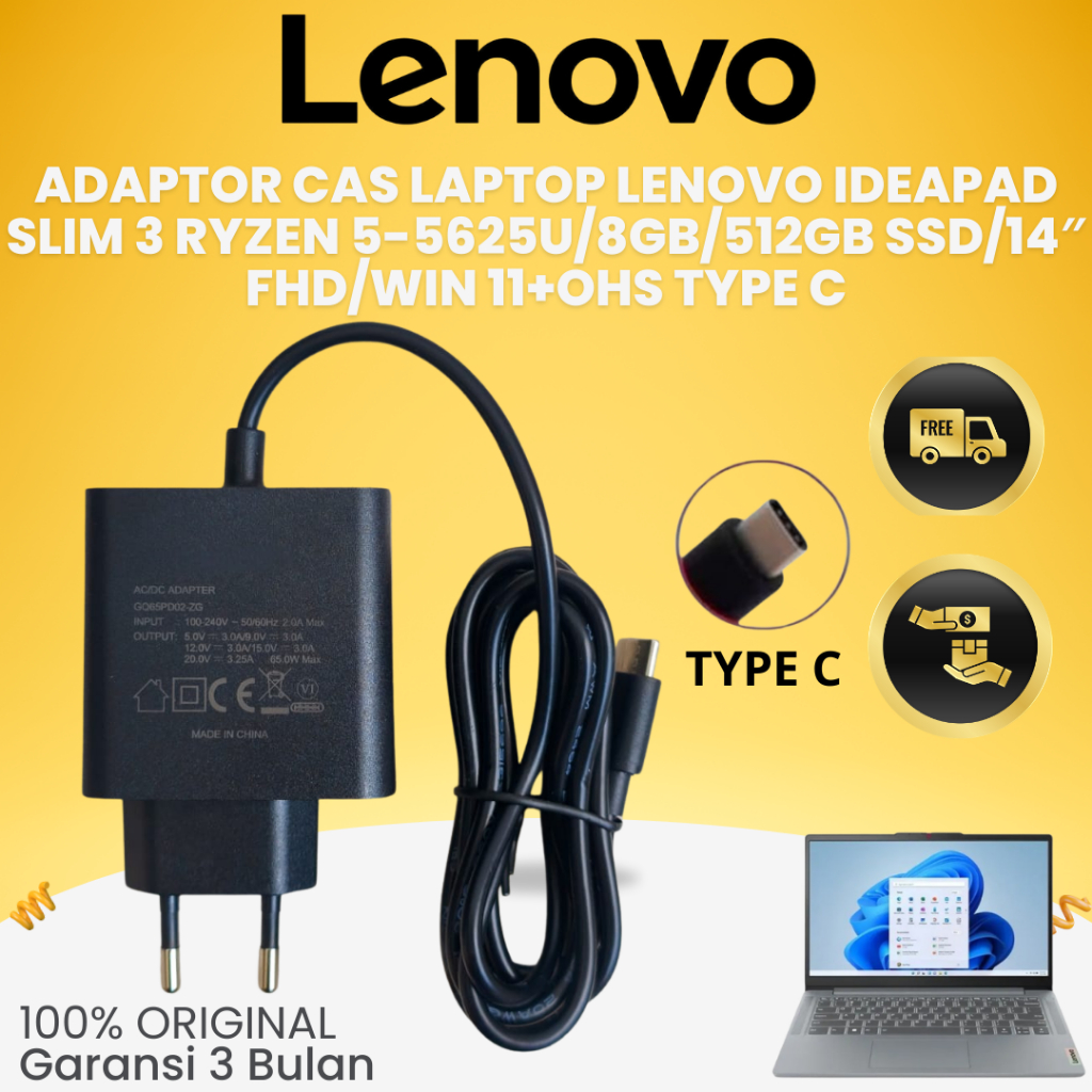Lenovo IdeaPad Slim 3 Ryzen 56525U/1" FHD/Win 11 อะแดปเตอร์ชาร์จแล็ปท็อป| Type C 65W รับประกัน 3 เดื
