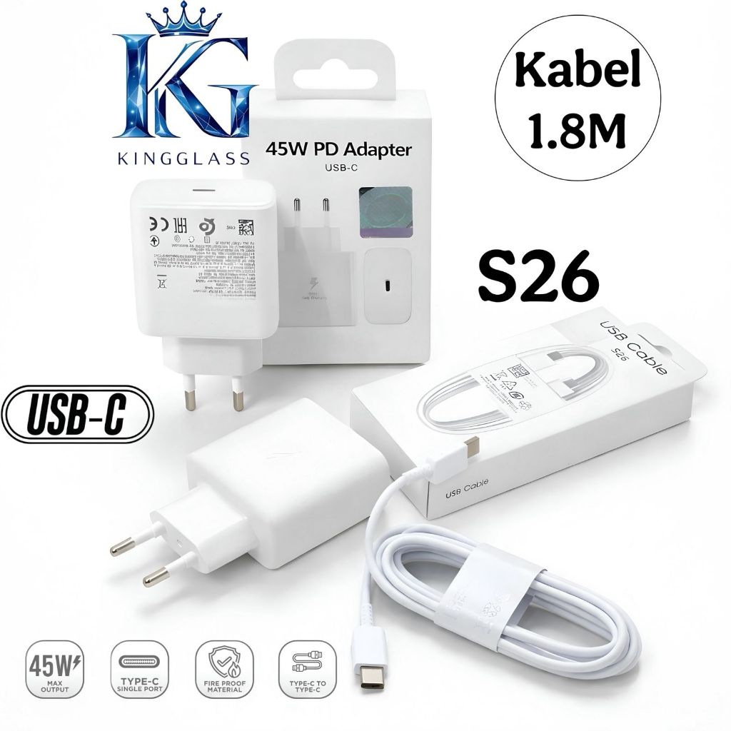 Charger Gan S26 45W USB-C Adapter + 1.8M C to C Cable – Fast Charging เข้ากันได้กับ Samsung Galaxy [