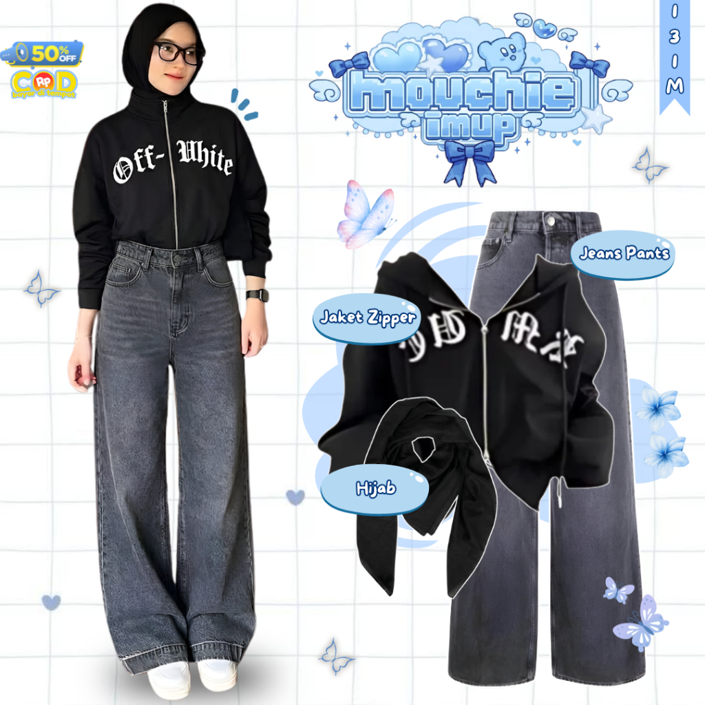 One Set Y2K Kalcer Modern Hijab Style Suit - (กางเกงยีนส์สีดําหิมะ + เสื้อแจ็คเก็ตซิป + Bella Square