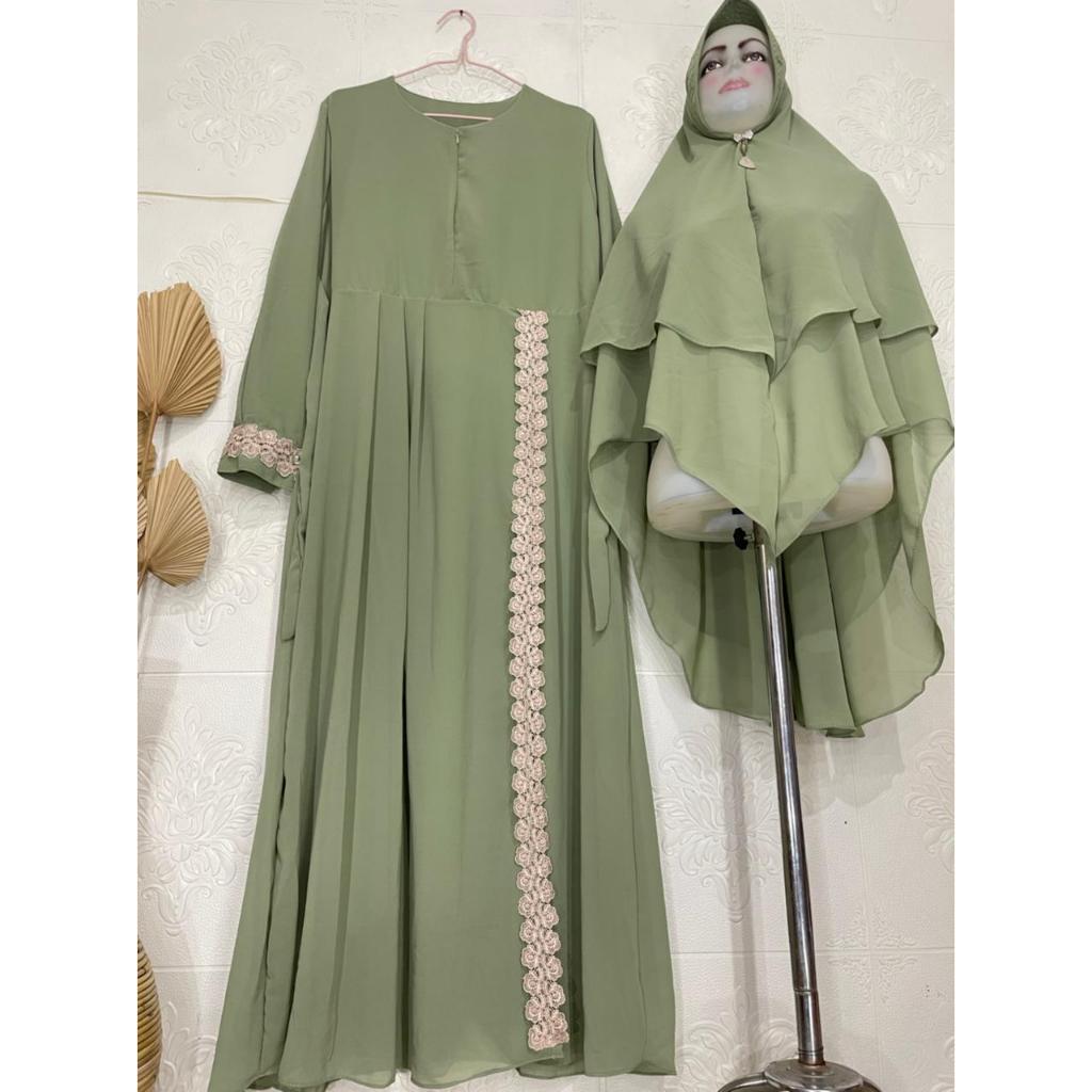 Gamis Syari Ceruty Babydoll Lace Center Lace Sleeves Front Zipper Onesize