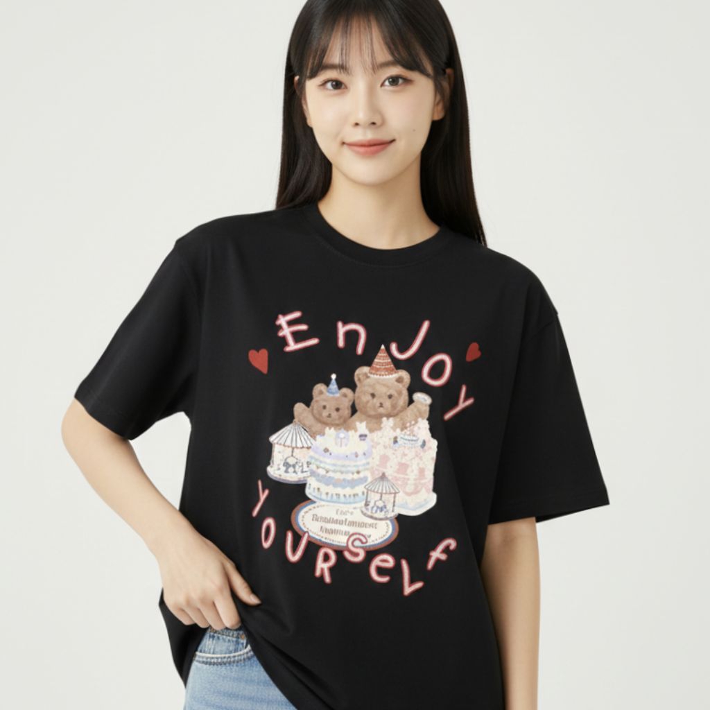 Cat Enjoy Yourself เสื้อยืดผู้หญิงวัสดุพรีเมี่ยมพร้อมใน 9 สี 4 ขนาด S-XL ขนาดใหญ่