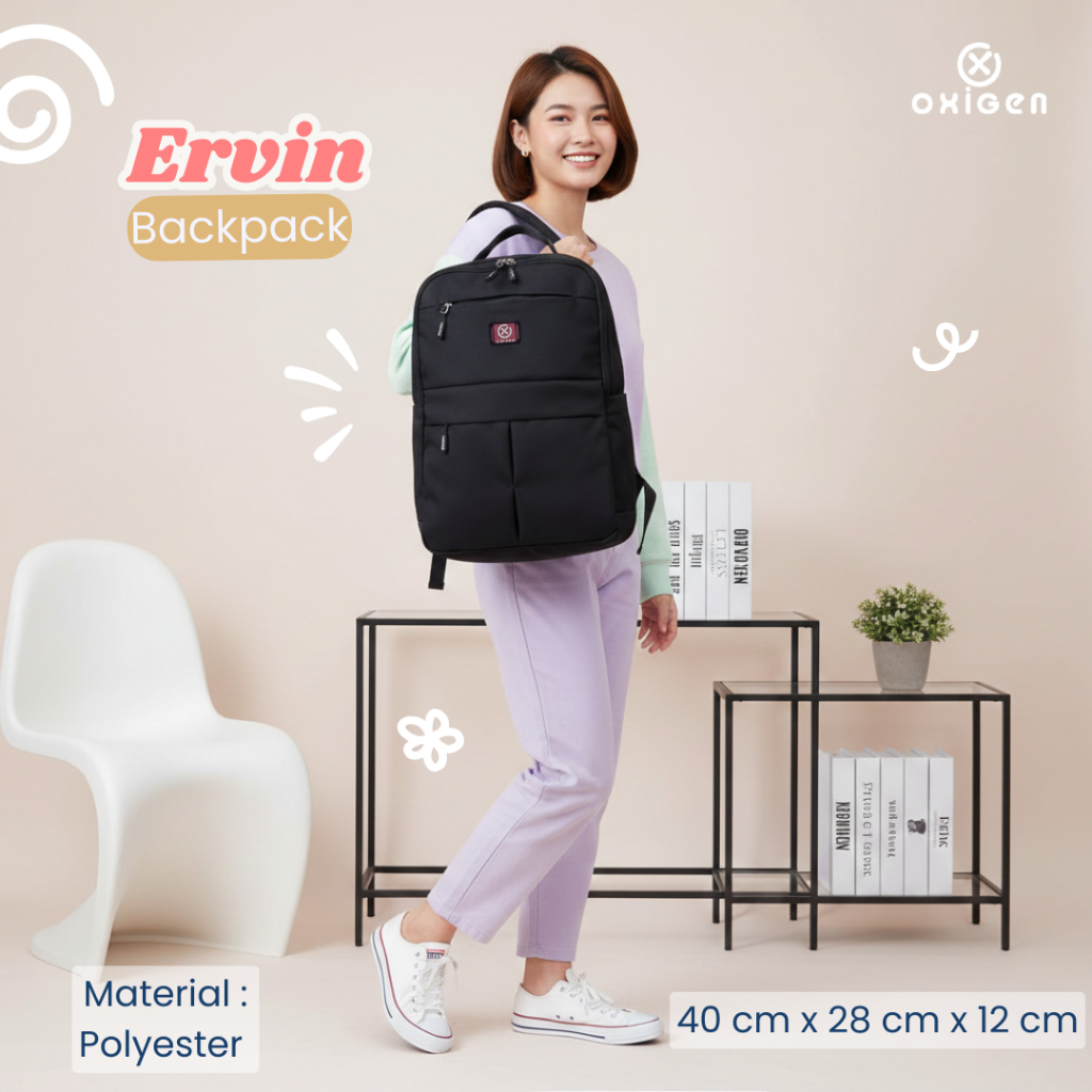 Oxigen Ervin กระเป๋าเป้สะพายหลังแล็ปท็อปของผู้หญิงกระเป๋าเป้สะพายหลังโพลีเอสเตอร์ผ้าคลุมกันฝนฟรี