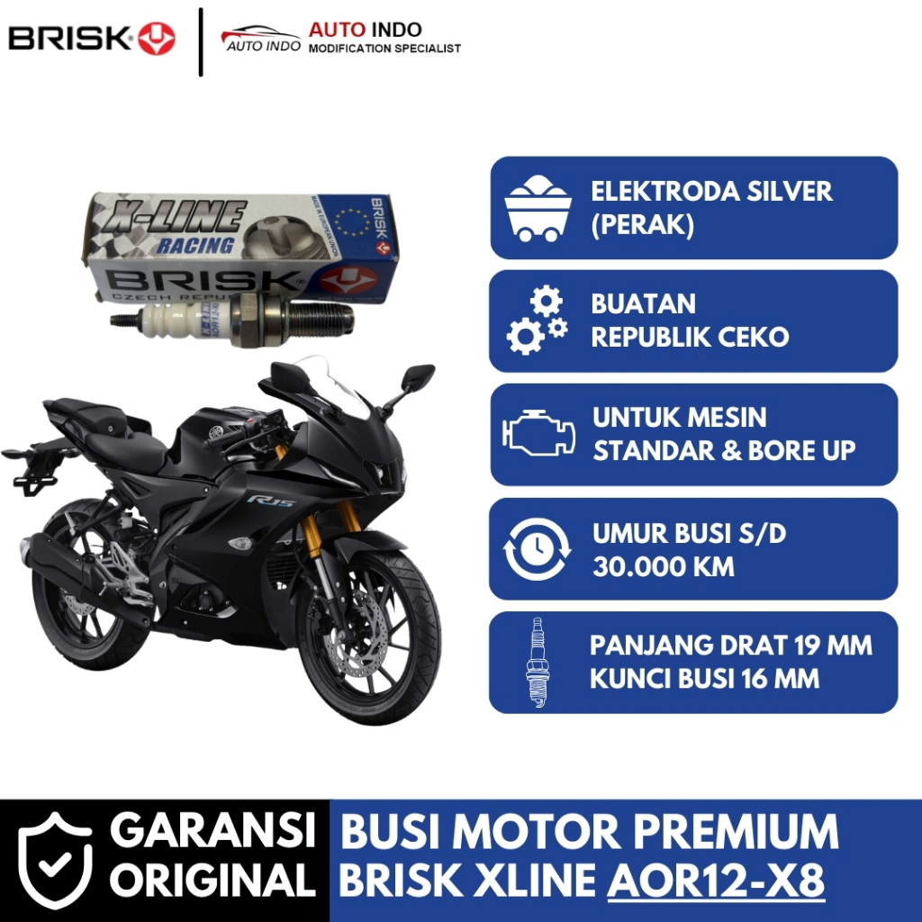 หัวเทียนรถจักรยานยนต์ Brisk Xline Racing AOR12-X8 สําหรับ Yamaha R15 | ประกัน Brisk ดั้งเดิม