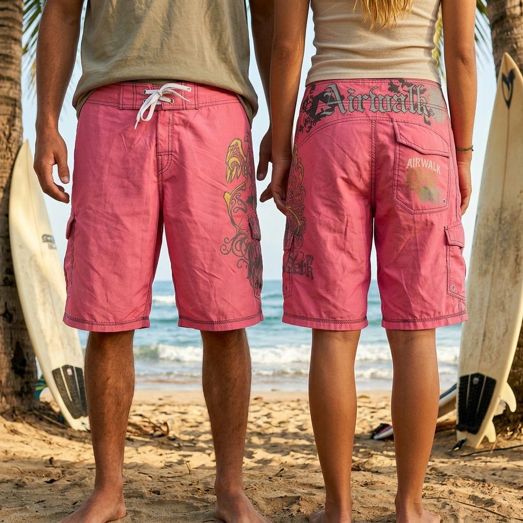 (กางเกงแบรนด์) Vintage Airwalk Sportswear Mens Eagle Painting Art สีชมพู Y2k Boards กางเกงขาสั้น