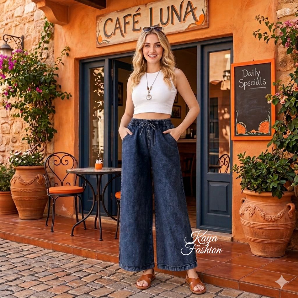 IDEA PANTS CULOT PANTS FULL RUBBER WAIST DRAWSTRING กางเกงยีนส์สไตล์เกาหลี กางเกงยีนส์ MATERIAL 6 OZ