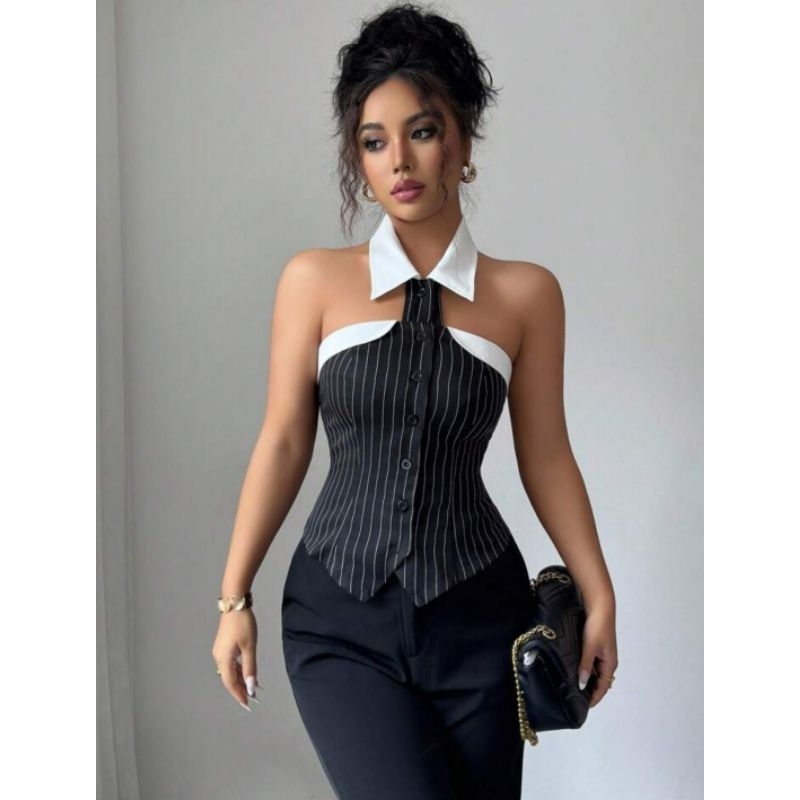 FYF_A0910 - เสื้อคล้องคอลายทางคอปก