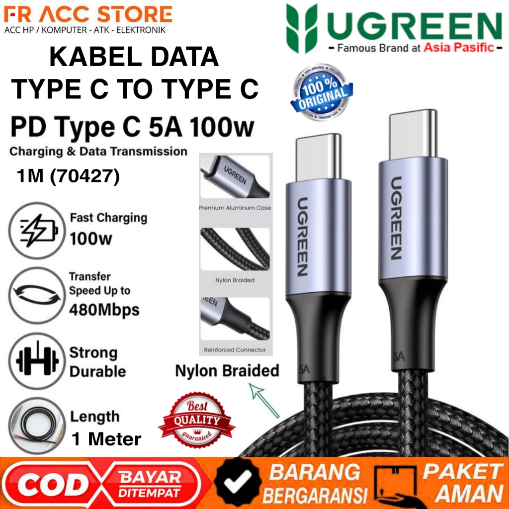 UGREEN สายเคเบิลข้อมูล Type C ถึง Type C 100W Fast Charging Braided Nylon 1 ม. สาย TYPE C TO TYPE C 