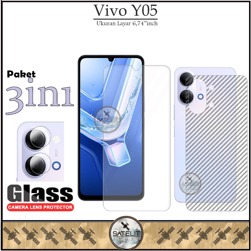 กระจกนิรภัยใส 3-in-1 Vivo Y05 YO4 แพ็คเกจคลุมทั้งหมด