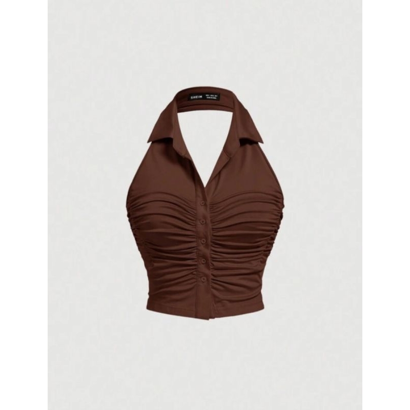 FYF_A0704 - เสื้อกระดุมหน้าแขนกุดคล้องคอ