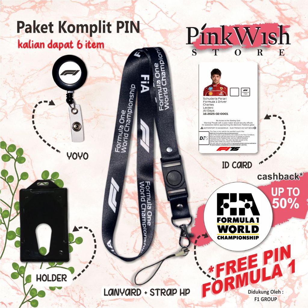 GANTUNGAN FORMULA ONE Lanyard / F1 Print 2 ด้านเชือกเส้นเล็กสีเต็ม