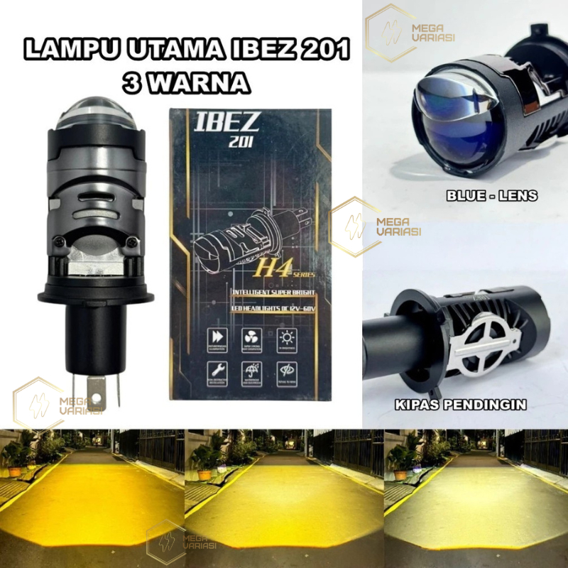 IBEZ 201 H4 Mini Bilined Projector ไฟหน้า 3 สีพัดลมระบายความร้อนทุกสภาพอากาศ Bluelens Mini Projector