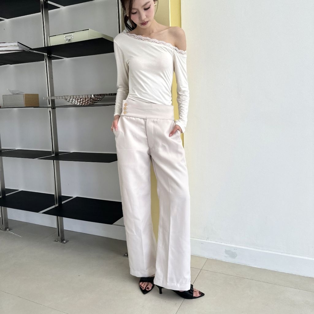 KITTIE STRAIGHT PANTS | กางเกง Semiwool Cullote เอวสูงผู้หญิงติดกระดุม | PRETTY BASIC ราคา ถูกที่สุด ดีลบีเคเค แกลเลอรีภาพที่ 5