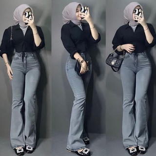 Celana Jeans Cutbray Highwaist Wanita Streach Loose Premium Quality - Highwaist Cutbray Jeans Wanita Kekinian