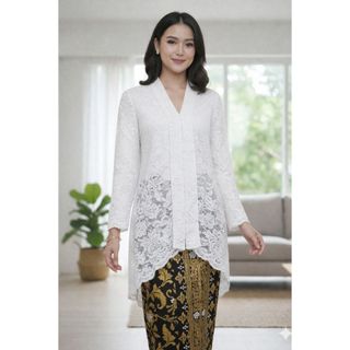 Stelan dan Atasan Kebaya Brokat Tunik Kerah V Lengan Panjang Model Duyung Kebaya Seragaman Acara Pesta Wisuda Kartini Kondangan Pernikahan Lamaran Seserahan Oneset Baju Adat Kebaya Melayu Malaysia Premium Strait