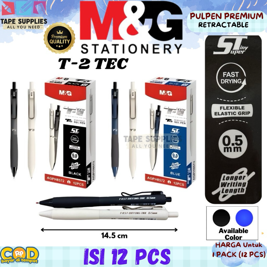 (12 ชิ้น) M&G T-2 TEC 0.5 มม. ปากกาเจลแบบพับเก็บได้ AGPH8572 สีดํา/น้ําเงินแห้งเร็วเรียบ