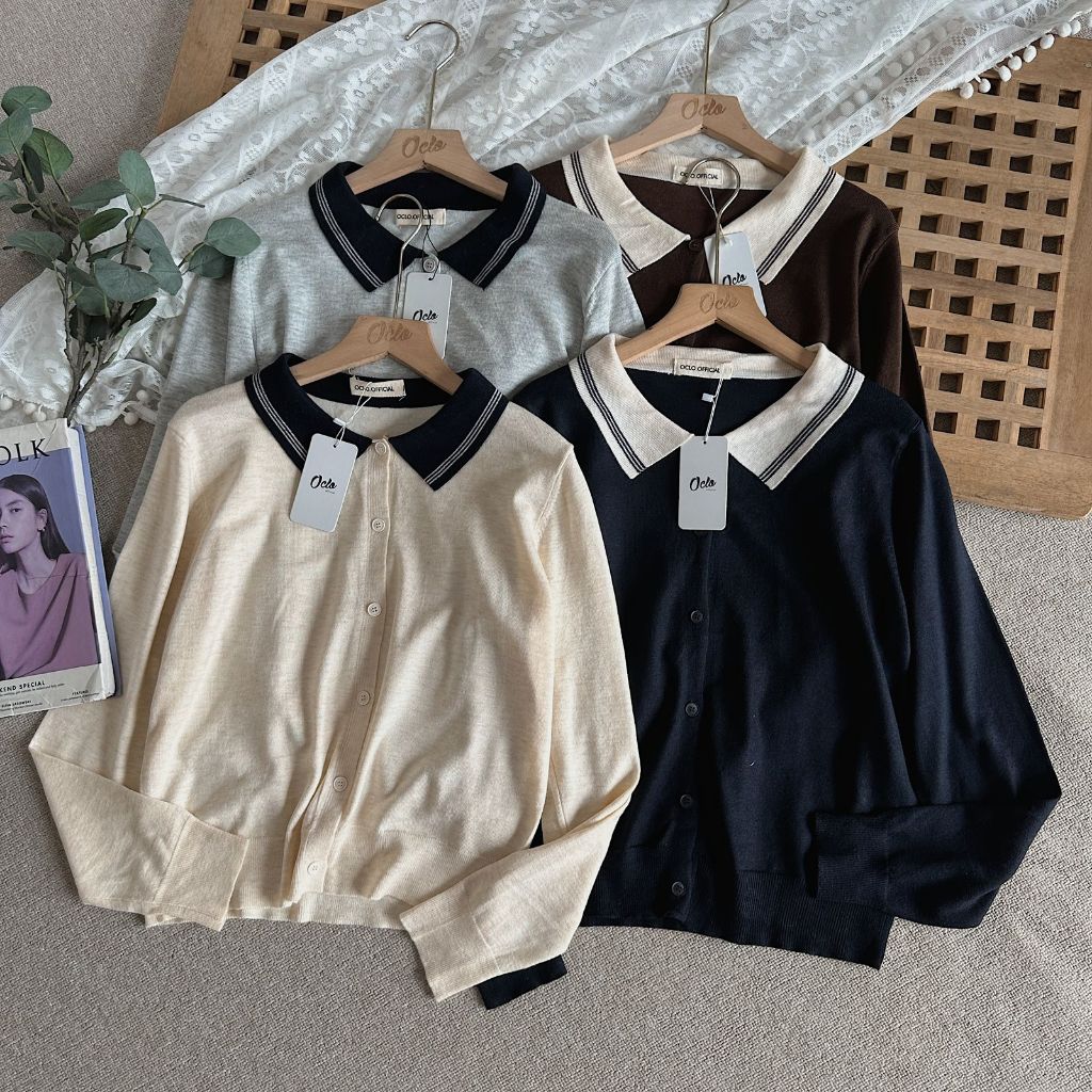 Oclo Weloniya Cardi ถักลายทางคอ Basic Dailywear คาร์ดิแกนระดับพรีเมียมสําหรับผู้หญิงสไตล์เกาหลี OCL0